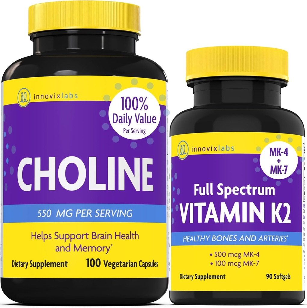 InnovixLabs Choline & Witamina K2 Bitartrat choliny pępowinowej 550mg (100 kapsułek) Witamina K2 (90 Softgeli). Wspomaga pamięć, nastroje, zdrowie mózgu i pobudza kreatywność. *
