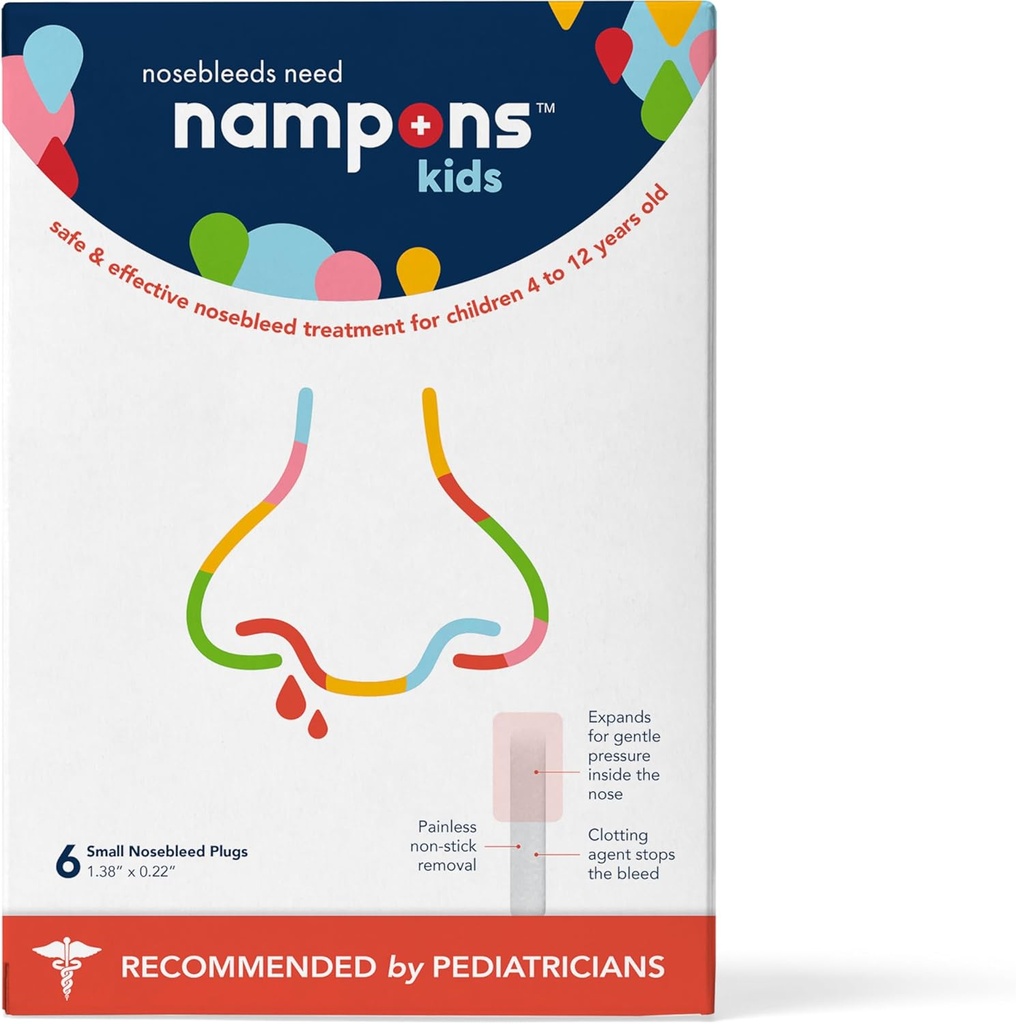 Nampons Kids Nosblee Stoppers - 6 Łatwe w użyciu zestaw do wtyczek do nosa dla dzieci. Zaufane przez pediatrów. Hipoalergiczny agent blokuje krwawienie z nosa. Bezpieczne i wolne od farby