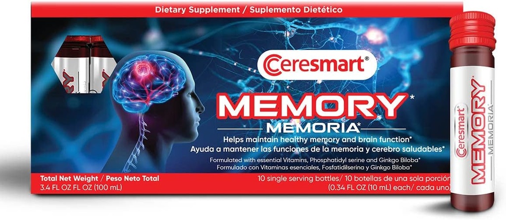 Ceresmart Memory Supplement for Brain - 10- Pack Brain Boost Shots - Pijane Suplementy Pamięci z Ginko Biloba, Witaminy - Suplementy Mózgu dla Pamięci i Focus, Normalne Funkcje Mózgu