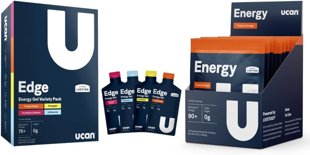 UCAN Training Starter Pack, Edge Energy Gel Variety Pack, Energy Powder Tropical Orange, Pre & Post Trening dla mężczyzn i kobiet 124; Wegan, Keto Friendly