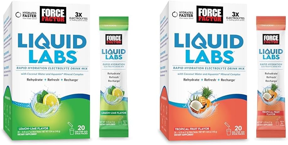Zestaw FAKTORA FORCE Liquid Labs Electrolytes Powder, Pakiety nawadniające do wytwarzania wody elektrolitowej z witamin, minerałów i przeciwutleniaczy. Lemon-Lime Flavor + Tropikalny aromat owocowy, 40 opakowań stick