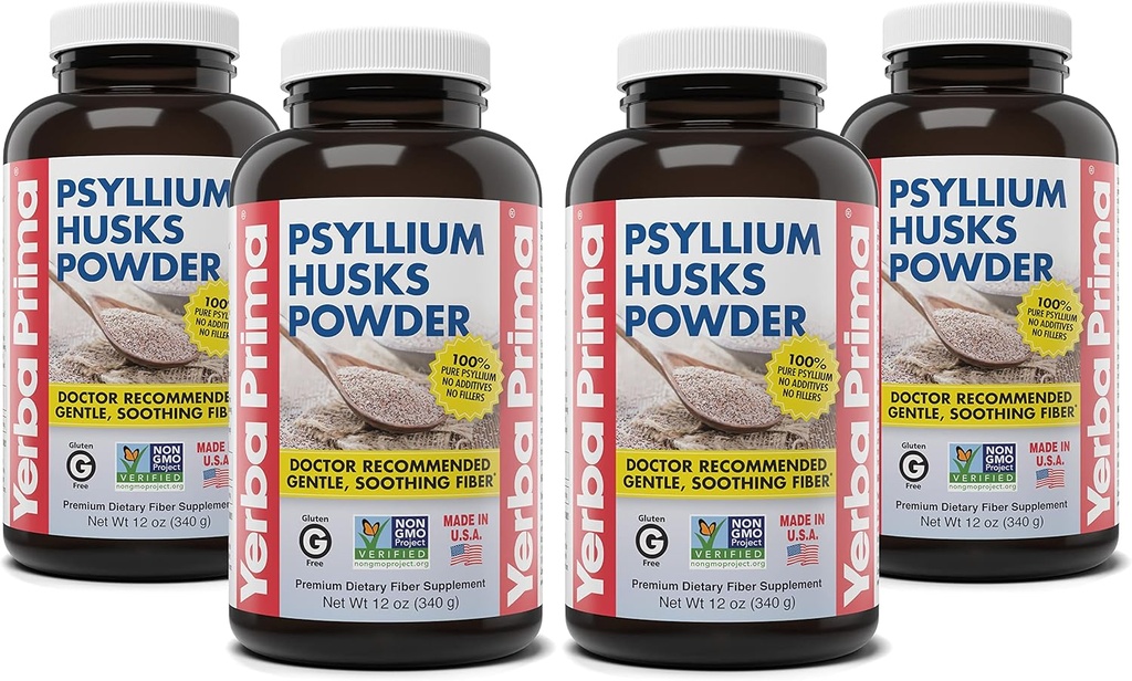 Yerba Prima Psyllium Husks Powder - 12 oz (Pack of 4) - Natural Fiber Supplement - Colon Cleanse - Gut Health - Vegan, Non-GMO, Gluten- Free (New Label - Packaging May Vary)