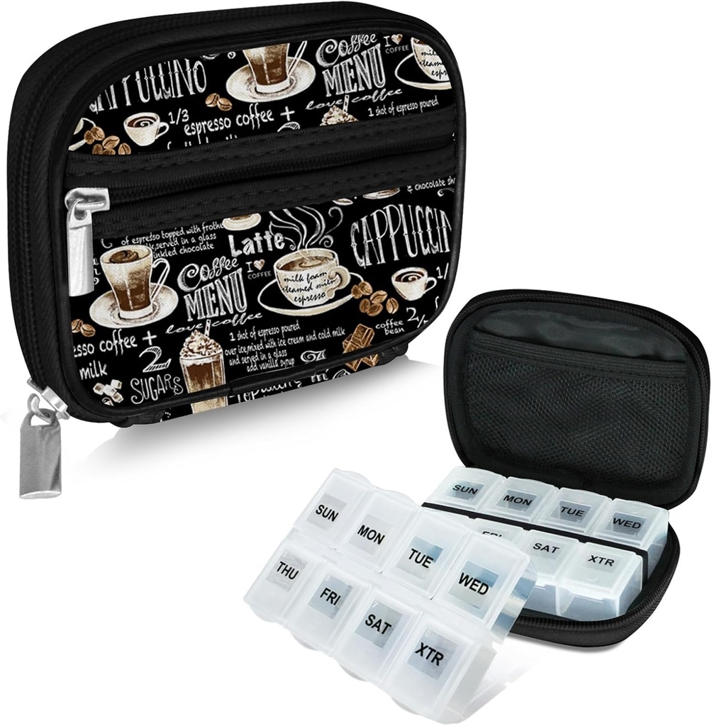 Serfeymi Cotygodniowy Travel Pill Pill Case for Purse z usuwalną 7-dniową Pill Box, Modne Travel Medicine Organizer Pill Container for Medicine, Witamina, Suplement - Black 02 + Pill Box