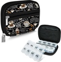 Serfeymi Cotygodniowy Travel Pill Pill Case for Purse z usuwalną 7-dniową Pill Box, Modne Travel Medicine Organizer Pill Container for Medicine, Witamina, Suplement - Black 02 + Pill Box