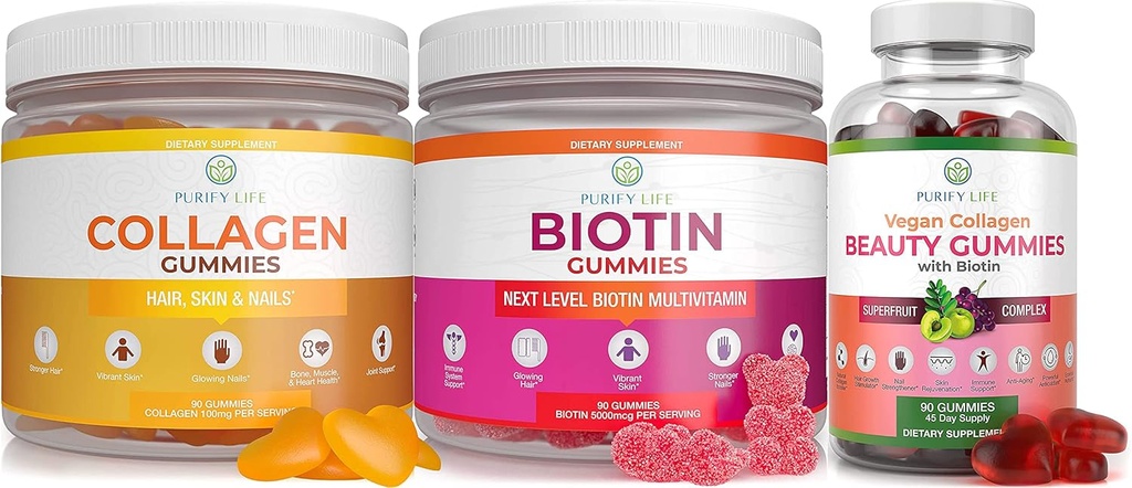 Purify Life Marine Collagen, Biotin, & Wegan Kolagen Bundle, Gummies do skóry włosów i paznokci (luzem - 90 Chews), Witamina Joint Care, Wsparcie immunologiczne, Piękno, Detox & Cleanse, Zastąp kapsułki, Pigułki