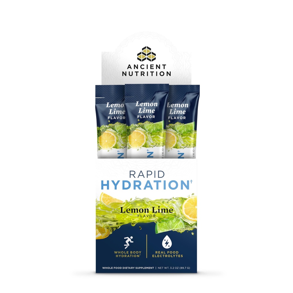 Ancient Nutrition Rapid Hydration Powder, Lemon Lime, Electrolytes from Natural Sea Salts and Red Marine Algae, Wspiera szybkie Hydration Body and Cellular Health, 15 Służenia