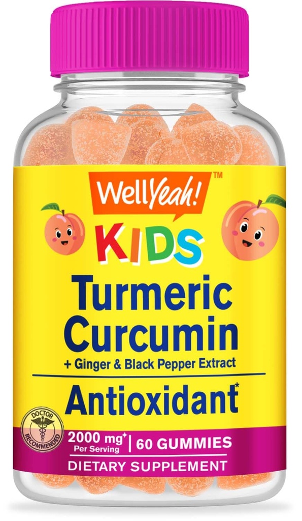 WellYeah Kurkumina z Gummies Black Pepper dla dzieci - Naturalne wsparcie immunologiczne, Joint and Muscle Health, Digestive Health, and Brain Function - Non-GMO, Wegan, Gluten- Free - 60 Count