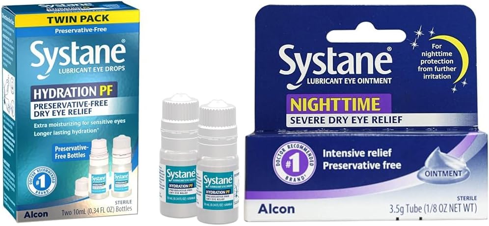 Systane Hydration Multi- Dose Preservative-Free Eye Drops Dry Eye Relief Twin Pack (2x10ml) & Nighttime Lubricant Eye Maintment 3.5g Tube