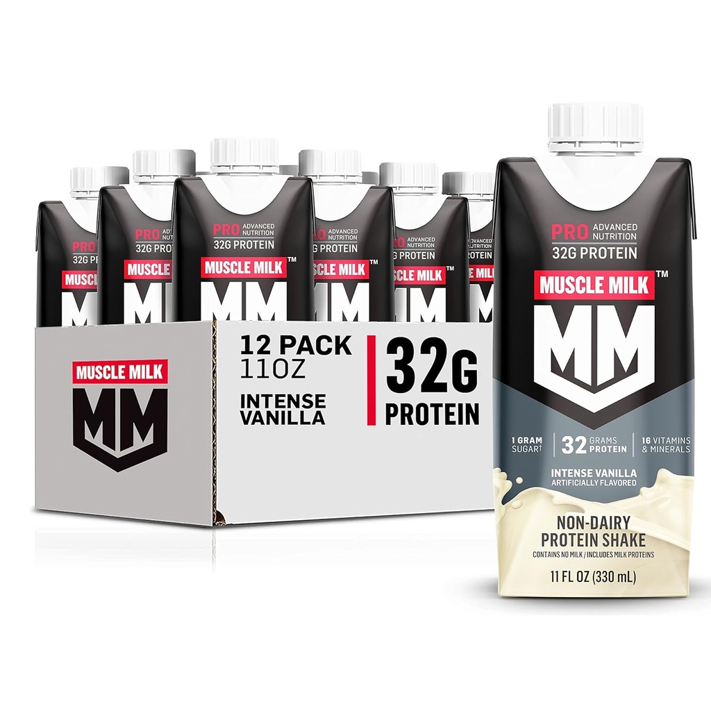Muscle Milk Pro Advanced Nutrition Protein Shake, Intensywna Vanilla, 11 Fl Oz Carton, 12 Pack, 32g Protein, 1 g Sugar, 16 Vitamin & Minerals, 5g Fiber, Recout Workout, Packaging May Vary