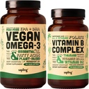 Vegan Omega 3 180 Softgels & Vegan Witamina Kompleks Pas - Plant- Based DHA & EPA Kwasy tłuszczowe, Esential B Witaminy z całego mieszanki żywności, B1, B2, B3, B5, B6, B7, Folate