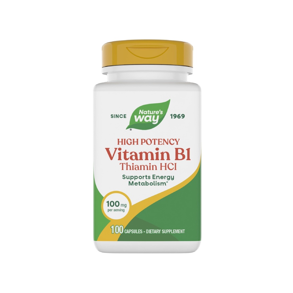 Nature 's Way Witamina B1, Wysoka Potliwość, 100 mg Tiamin na Serving, Thiamin HCl, Wsparcie metabolizmu energii *, Gluten Free, 100 Kapsułki (Opakowania maja Vary)