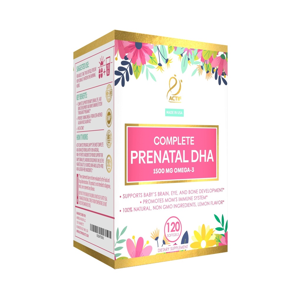 Actif Complete Prenatal DHA z 1500mg Omega-3, 100% Natural, Organic DHA, EPA, Omega 3 - Non-GMO, 90 Gummies