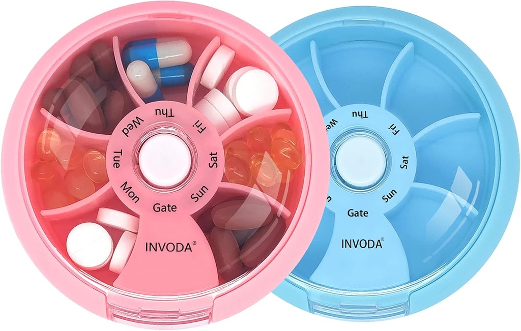 INVODA Cotygodniowy pill organizer 7 Cometude Rotating pill Box for Daily Medication & Vitamins - Przenośny Travel Pill Case Fish Oil Supplements Vitamin Organizer (Pink + Blue)