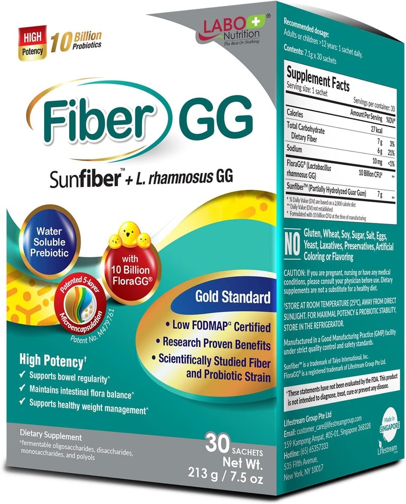 Labo Nutrition FiberGG, Lactobacillus Rhamnosus GG 10 Miliard CFU Aktywne Probiotyki i 7g błonnika prebiotycznego Suplement Fiber, Wsparcie zdrowej jelit, Immune Health, Gluten Free, 30 Sachets