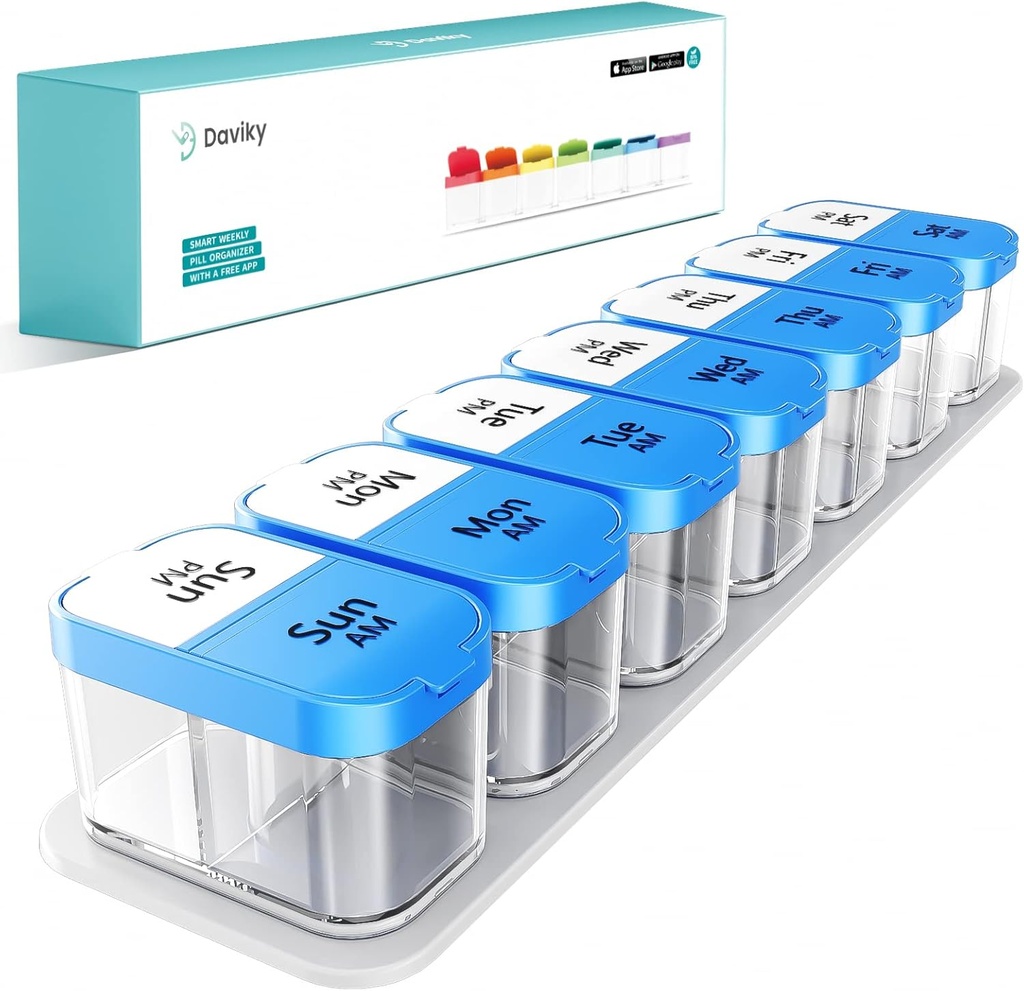Daviky Duży Pill Organizator 2 razy dziennie - XL Pill Box 7 Day, Big Witamina Holder z 7 Odłączalne Komory AM / PM, Big Supplement Container for Weekly or Daily Use (Blue)