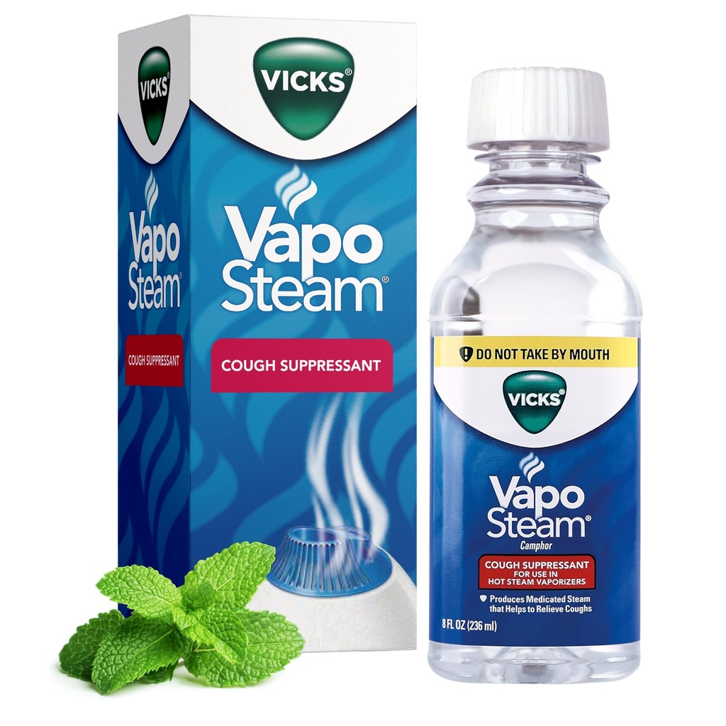 Vicks VapoSteam Mexicated Liquid z kamforą, Cough Suppressant, Pomaga Relieve Coughing, do stosowania w Vaporizes i nawilżacze, 8 Oz