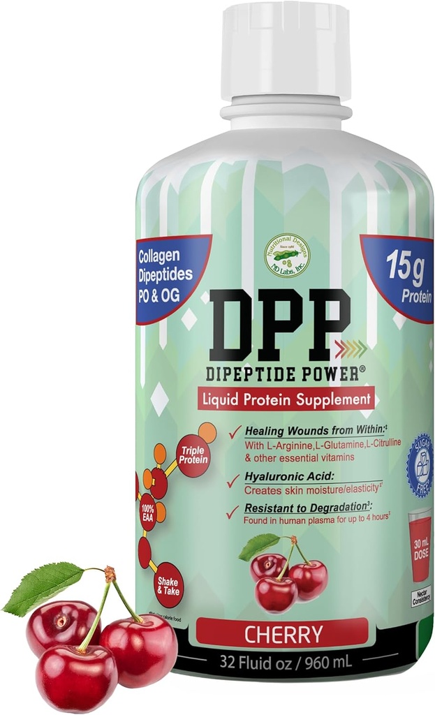 DPP Dipeptide Power, gojenie ran, 30X Więcej dipeptydów kolagenowych niż proszek, suplement do białka płynnego, bez cukru, Wspiera zdrową naprawę tkanek, owrzodzenia stóp, chirurgia kosmetyczna (Cherry, 32 Fl Oz)