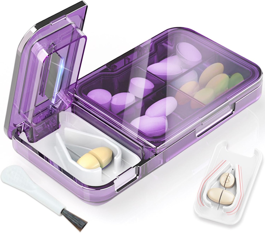 Pill Cutter Splitter dla małych lub małych tabletek. 2- in-1 Travel Pill Box & Pill Splitter - Duża pojemność 4 Komory Pill Organizator - Odłączalne Noslip V- Shaped Pad. Wrap- Wokół Blade Guard (Purpurowy)