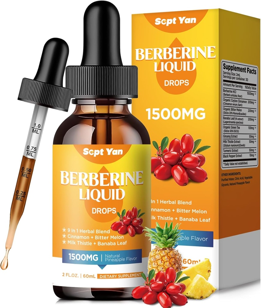 Berberine suplement płynnych drops- Berberine 1500mg z Ceylon Cynamon, Gorzkie Melon, Liść Banaba, Turmeric dla immunologicznego, System trawienia, Heart Support, Naturalny aromat ananasowy, 2 Fl Oz