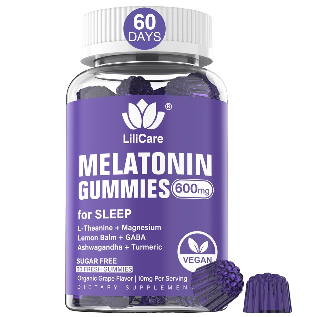 Melatonina Gummies 10mg 20 mg dla dorosłych, dodatkowa siła z L- Theanine, Ashwagandha, Magnezu, Turmeric, GABA, Lemon Balm i Rumianek dla wsparcia zdrowia Rhythm Circadian, Wegan Grape Flavor