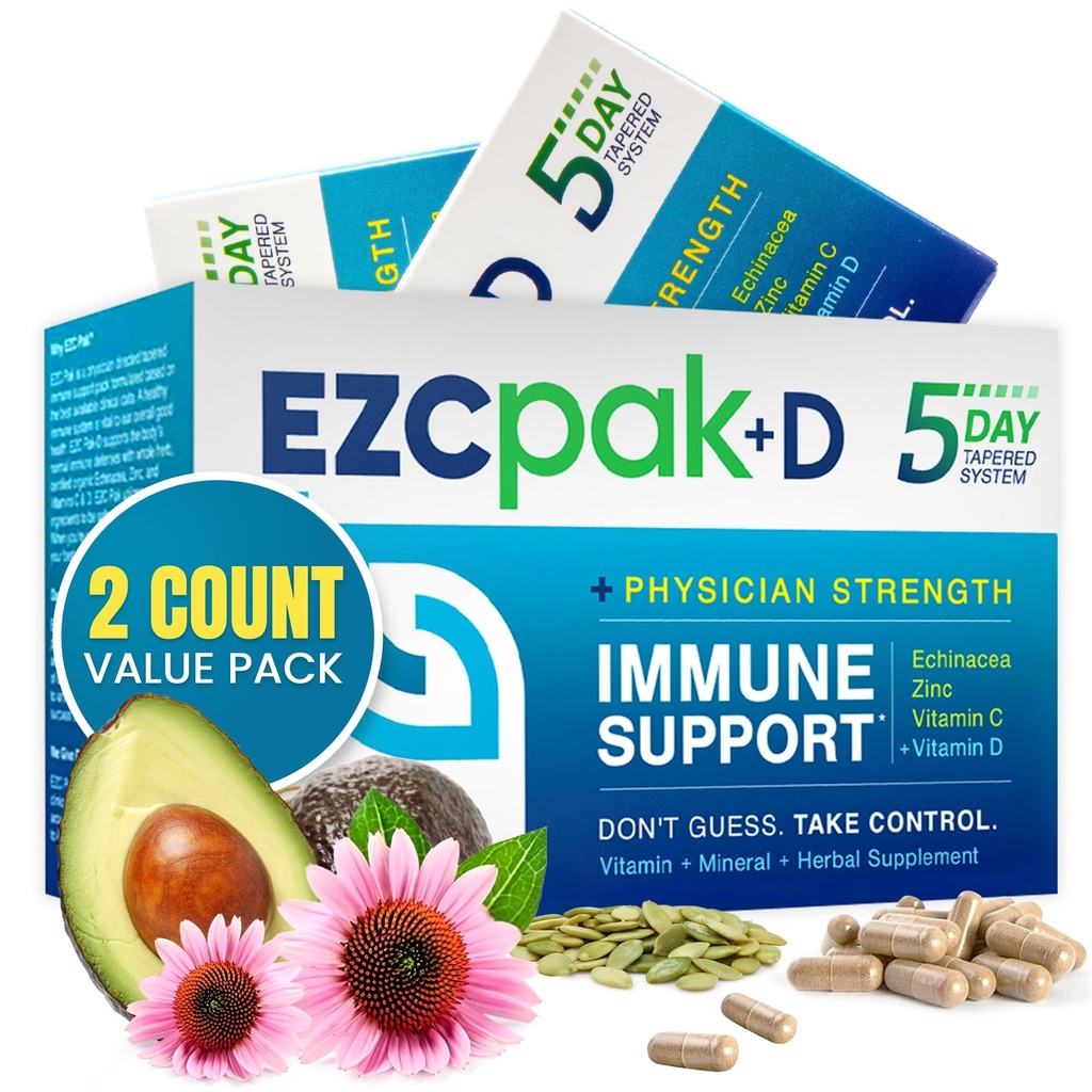 EZC Pak 5-Day Immune System Booster with Echinacea, Vitamin C, Zinc & Vitamin D - Tapered Immune Support Supplement for Adults - Supports Immunity, Easy Travel-Size Supplement Pack - (Pack of 2)