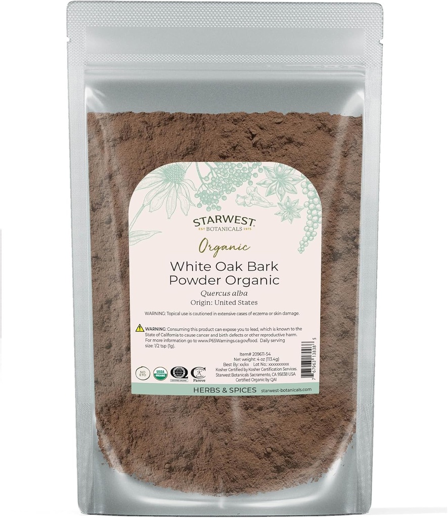 Starwest Botanicals White Oak Bark Powder Organic - Suszone zioła do herbaty i naturalnych mieszanek ziołowych, Czysty Quercus Alba, Certified Kosher, Non-GMO - 4 oz Pouch