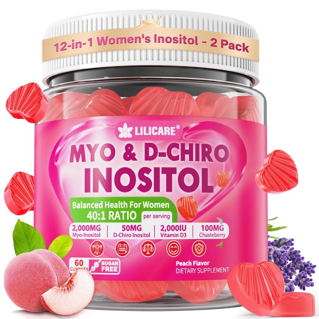 Inositol Gumiaki dla kobiet + Chasteberry, Myo- Inositol & D- Chiro Inositol 2000mg + 50mg Ideal 40: 1 Stosunek z Methylled B12 & Folate, Cholina, Magnez, Witamina D3 dla ogólnego zdrowia, Opakowanie po 2