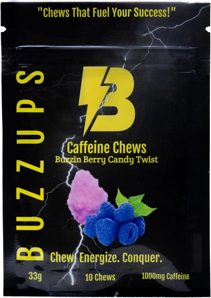 BuzzUps Kofeina Gummies - 100mg Kofeina per Gummy, Buzzin Berry Flavor, Energy Boost for Sports, Gaming, Bieganie, Jazda na rowerze, Focus, Endurance Supplement (10 Gummies, 1 Pack)