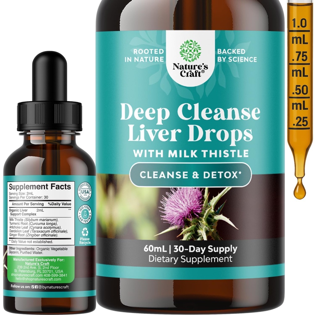 Deep Liver Cleanse, Detox & Repair with Milk Thistle Liquid Drops - Liquid Artichock Extract of Dandelion Leaf, Ginger & Turmeric Curcumin for Immunity & Daily Cleanse - 2Fl OZ