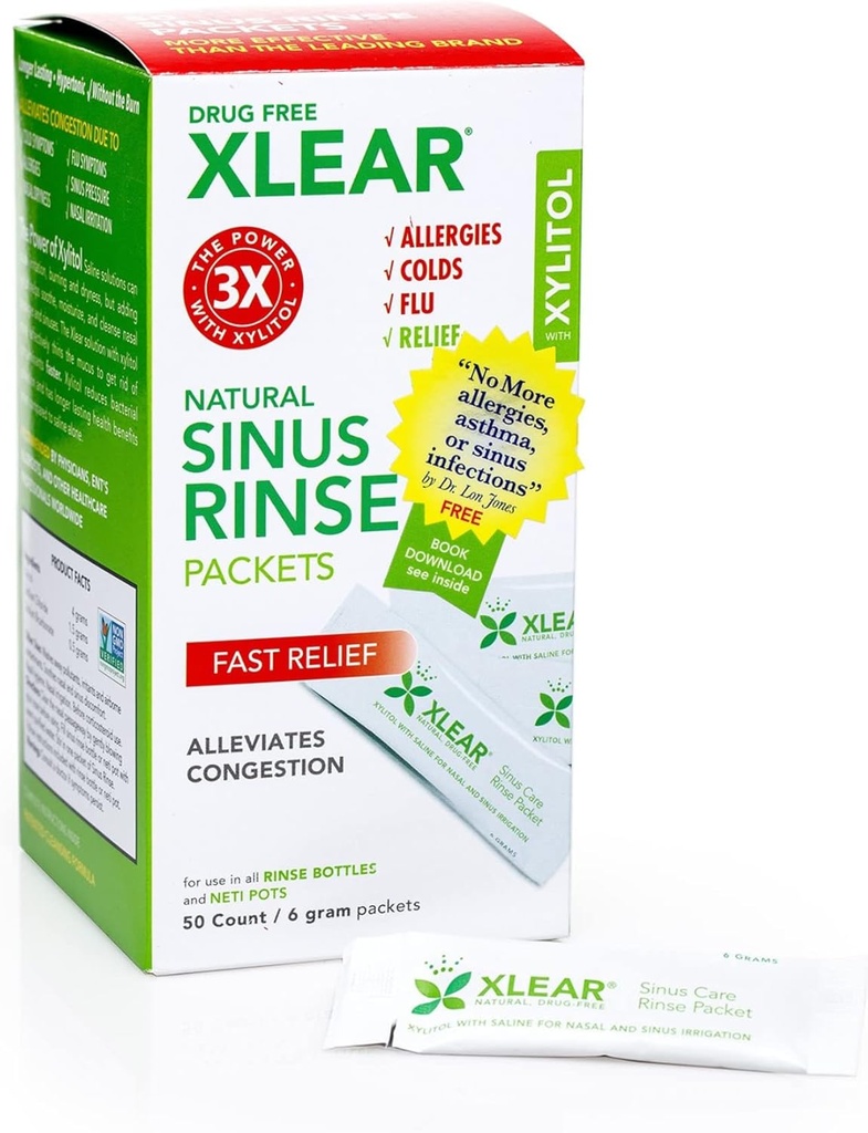 Xlear Natural Xylitol Sinus Rinse Refill, Neti Pot Saline Packets - Oczyszczacz nosa do szybkiego ciśnienia i odciążenia, współpracuje z większością systemów nawadniania nosa, 50 Hrabia (Pack of 1)