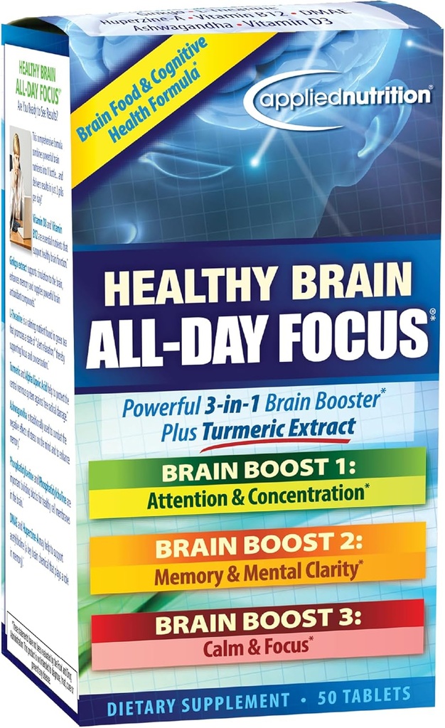 Stosowana odżywka Zdrowy mózg All- Day Focus - 50 Tabletki - Potężny 3- in-1 Booster mózgu z ekstraktem Turmeric - 25 Służenia
