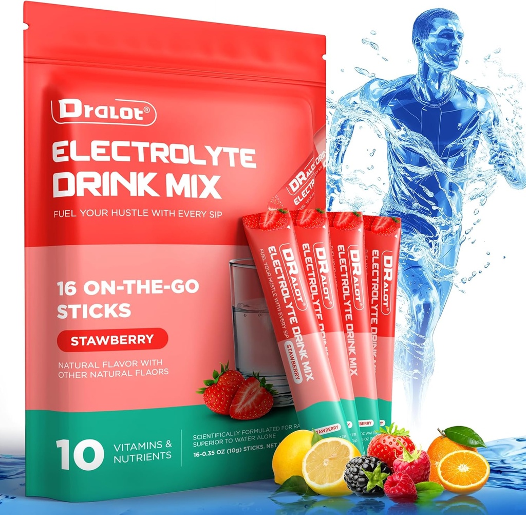 Proszek bez elektrolitów cukrowych z naturalnymi aromatami, 3X Rapid Hydration Pakiety z 10 Electrolyte & Witaminy, Liquid Daily IV, Non-GMO, Gluten- Free, Keto, Wegan, 16 Sticks, Truskawka