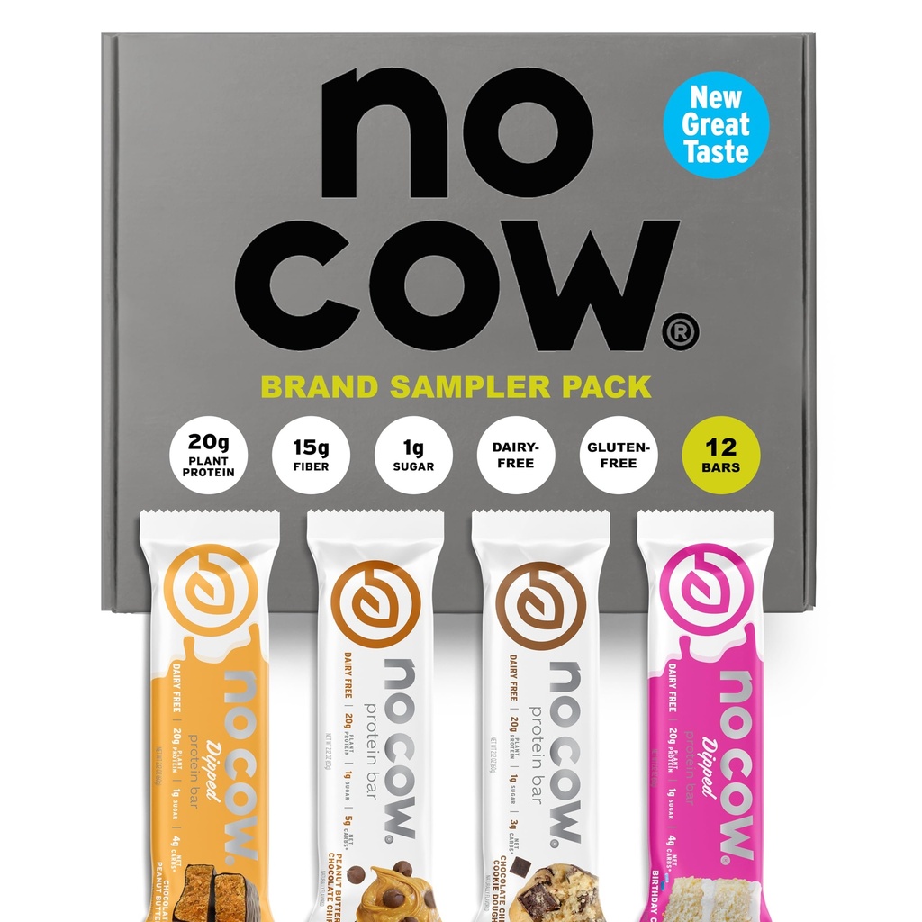 No Cow Wegan Protein Bars, Zmodernizowany Brand Sampler Pack 124; 20 g Białko roślinne oparte, Gluten Free, Wolny mleczny, Soy Free, Keto Friendly, Niski cukier, Wysokie Fiber Snack Bars
