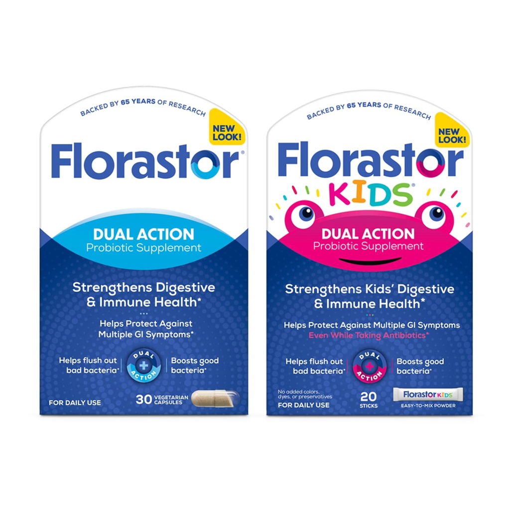 Florastor Family Probiotic Bundle - 30 ct. Probiotyk dla Digestive + Immune Health & 20 ct Kids Daily Probiotic - Nieflawored Puder Sticks - Boost Good Bacteria & Flush Out The Bad