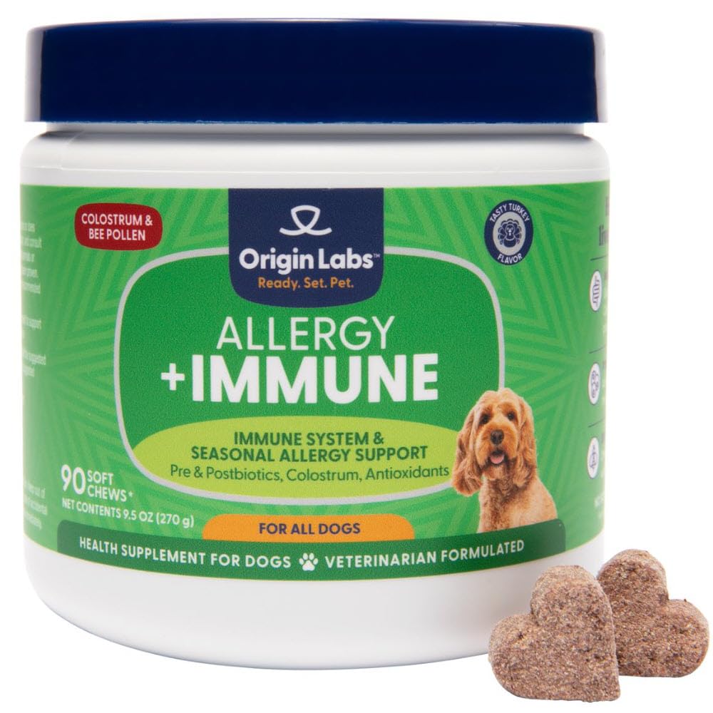 Pochodzenie Labs Alergia i suplement wsparcia immunologicznego, Omega 3 Olej rybny, Pszczoła Pollen, Colostrum, Probiotyki, Prebiotyki dla Gut Zdrowie, Skóra i Coat Health, Przeciwutleniacze, Turcja Flavor, 90 Soft Chews