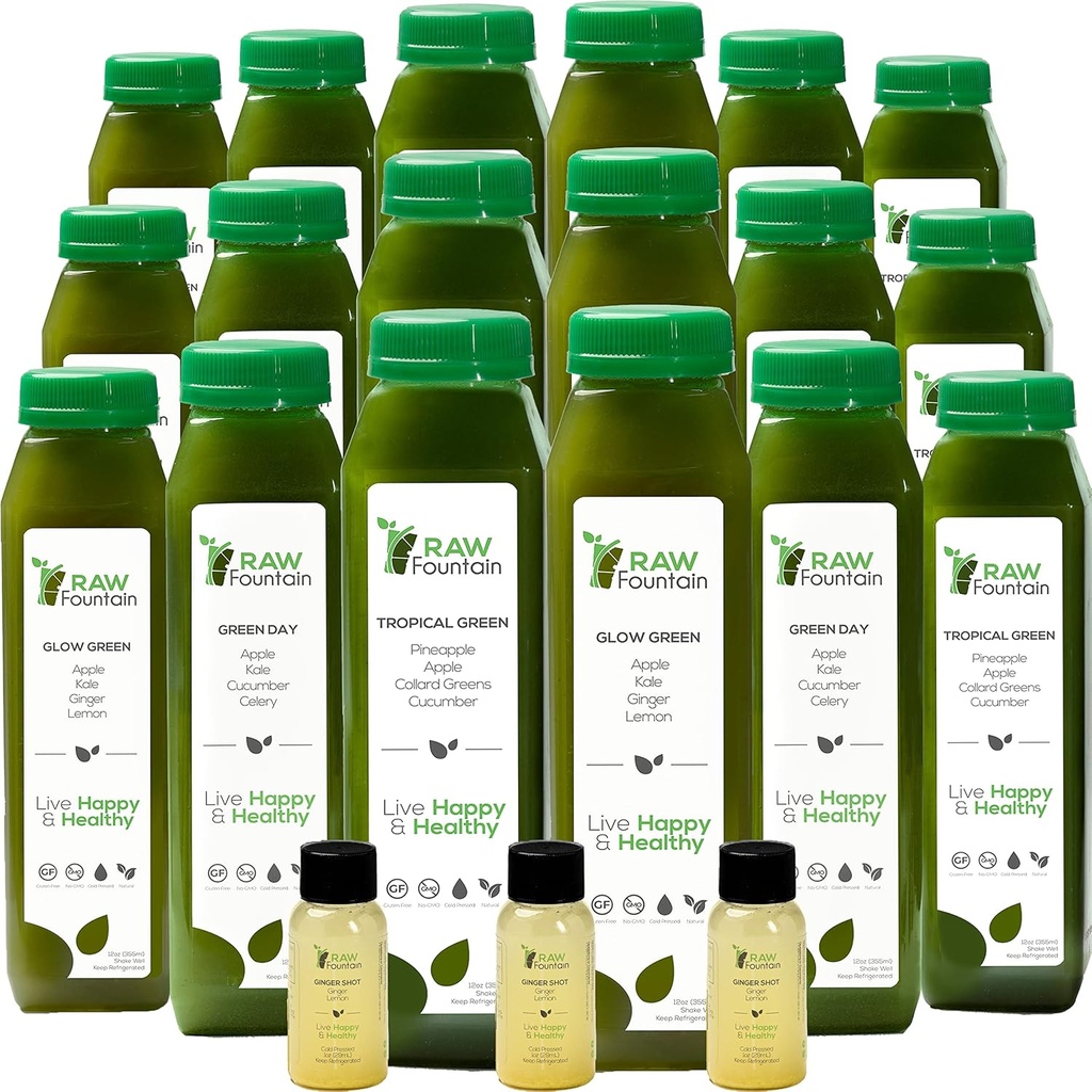 5 dni Green Juice Cleanse Surowy Fontanna, Wszystkie naturalne Surowiec, Detox wegański, Sok prasowany na zimno, 30 butelek 12oz, 3 Ginger Shots