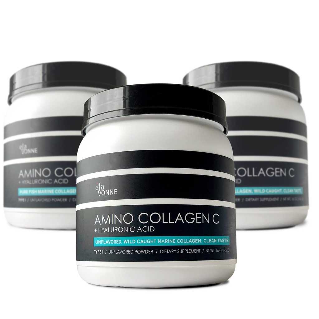 (3- Pack) Amino Collagen C - Collagen Powder (180 Scoops) - Marine Collagen Peptydes + kwas hialuronowy. Bez cukru. Brak zapachu. Nie GMO. USA dla włosów, skóry, paznokci, joints, & Gut Health.