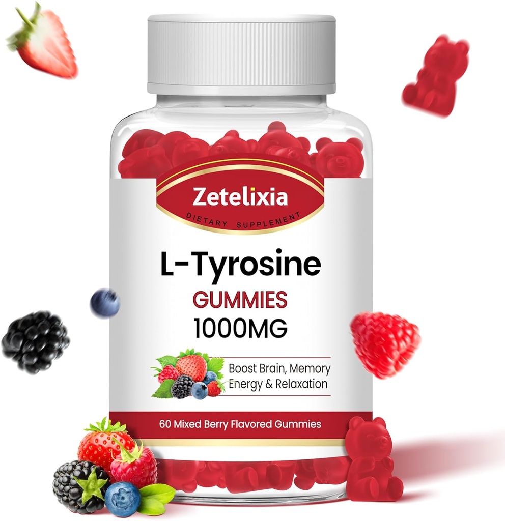 L Gumiaki tyrozynowe 1000mg, Suplement L- Theanine Gummy 200mg, Bezcukrowa L- Tyrozyna z witaminą B6 Suplementy energetyczne dla dorosłych i dzieci - Wegan (60 Hr)