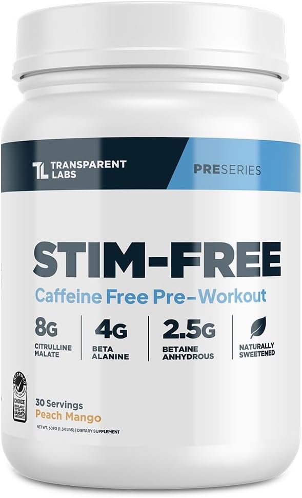 Transparent Labs Free Stim- Trening - Kafeteria i Stim Free Pre Workout Powder naturalnie Sweetened dla mężczyzn i kobiet z Beta Alanine Powder, Citruline Malate, & elevatP - 30 Sług, Peach Mango