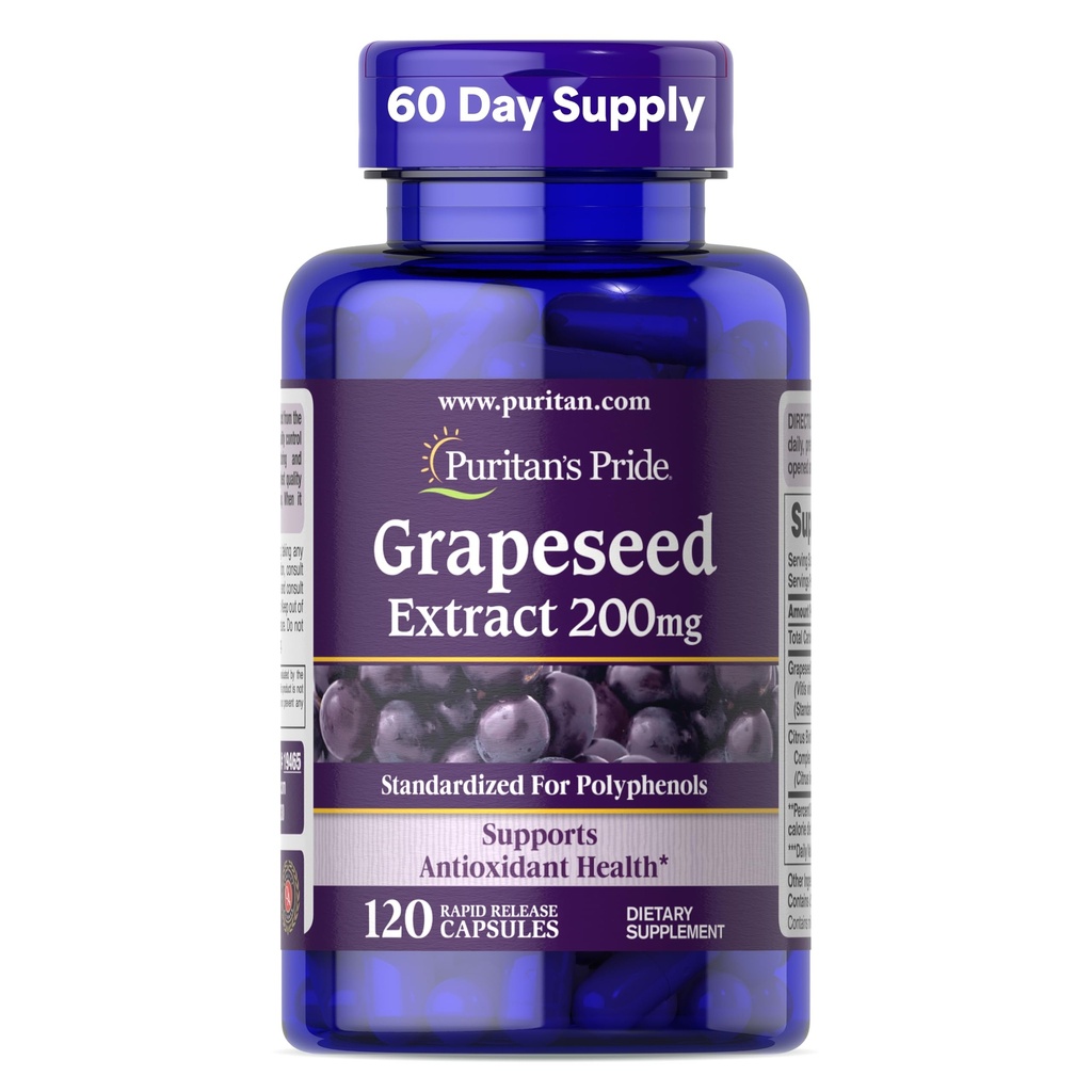 Pride Grapeseed Extract Puritan 200mg, Suplement diety dla przeciwutleniaczy i wsparcia zdrowia serca, 2 Dostawa Miesiąc, 120 Kapsułki szybkiego uwalniania