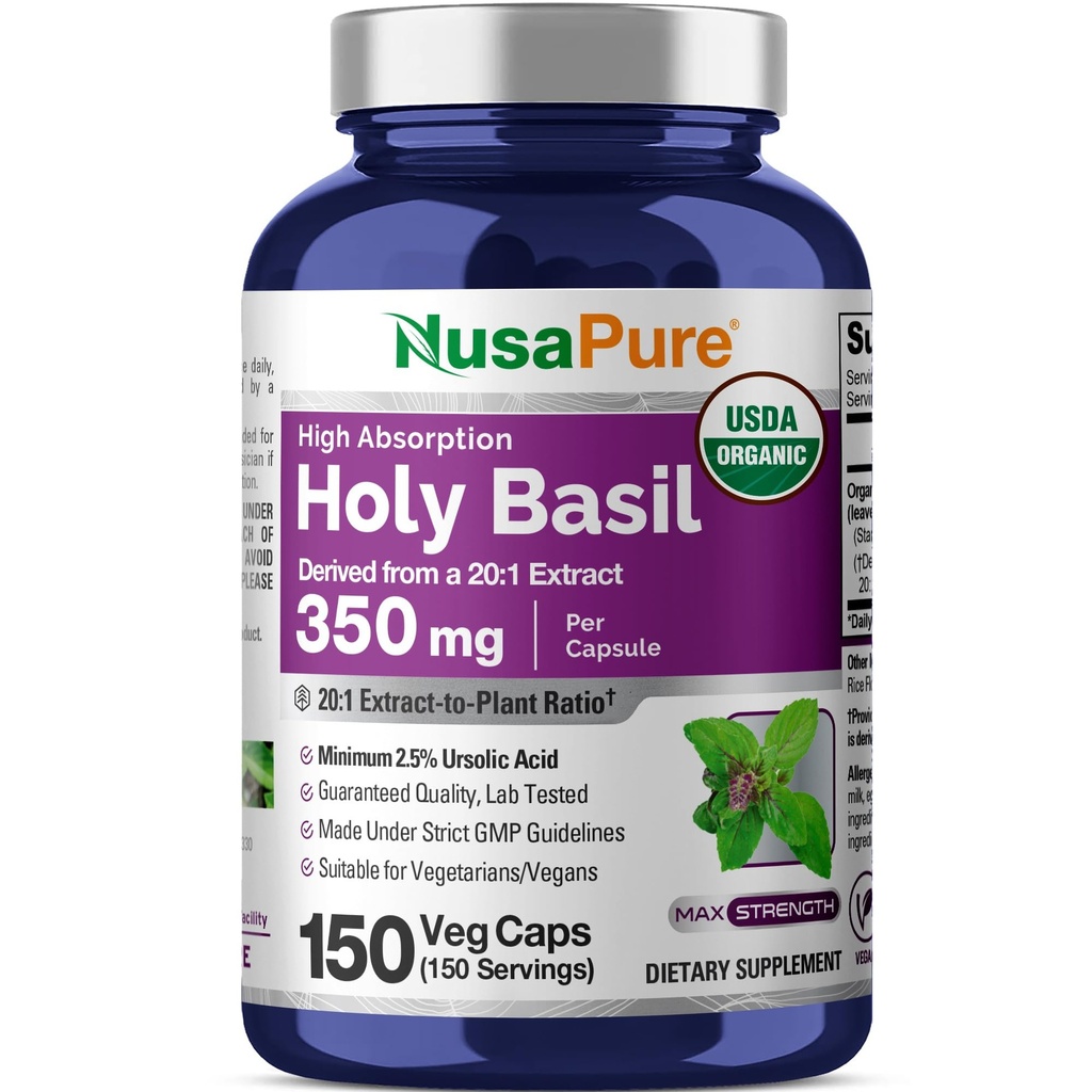 NusaPure USDA Organic Holy Basil Kapsułki 20: 1 Extract, 350 mg Ekwiwalent 7,000mg Signature 124; 150 Vegan Caps Signature 124; Tulsi Holy Basil Leaf Extract 124; 2,5% Kwas moczowy Sigmund 124; Non-GMO