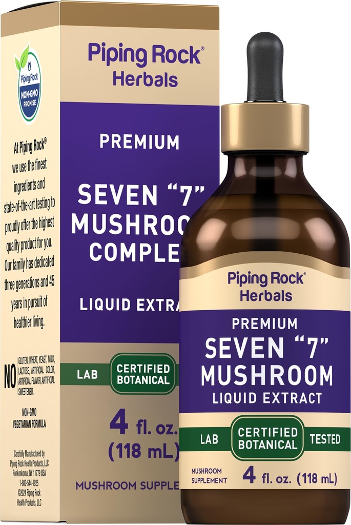 Piping Rock Mushroom Complex Liquid Drops: 124; 4 Fl Oz = 124; 7 w 1 = 124; Maitake, Shiitake, Reishi, Chaga, Cordyceps, Muszle Lwa & Oyster; Grzyby Wegetariańskie = 124; Non-GMO, Gluten Free