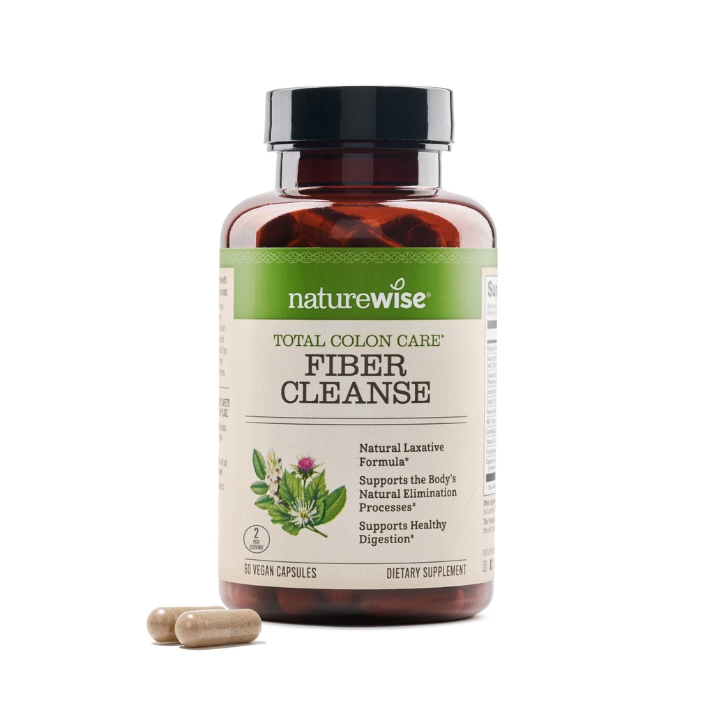 NatureWise Total Colon Care Fiber Cleanse - Natural Laxative Blend - Herbal Laxatives, Prebiotyki, & Enzymy dla Regularności, Trawienie, Waga & Gut Health - Non-GMO - 60 Kapsułki [30- Day Supply]