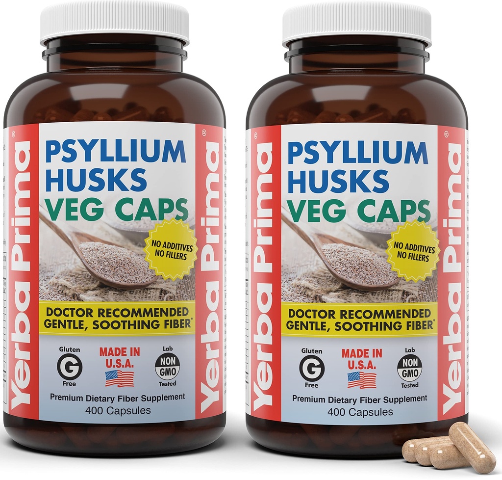 Yerba Prima Psyllium Husks Veg Caps, 400 Kapsułek (625mg) (Opakowanie 2) - Vegan, Non- GMO, Gluten Free, Colon Cleanser, Codzienne Fiber Suplement do Gut Health & Regularność