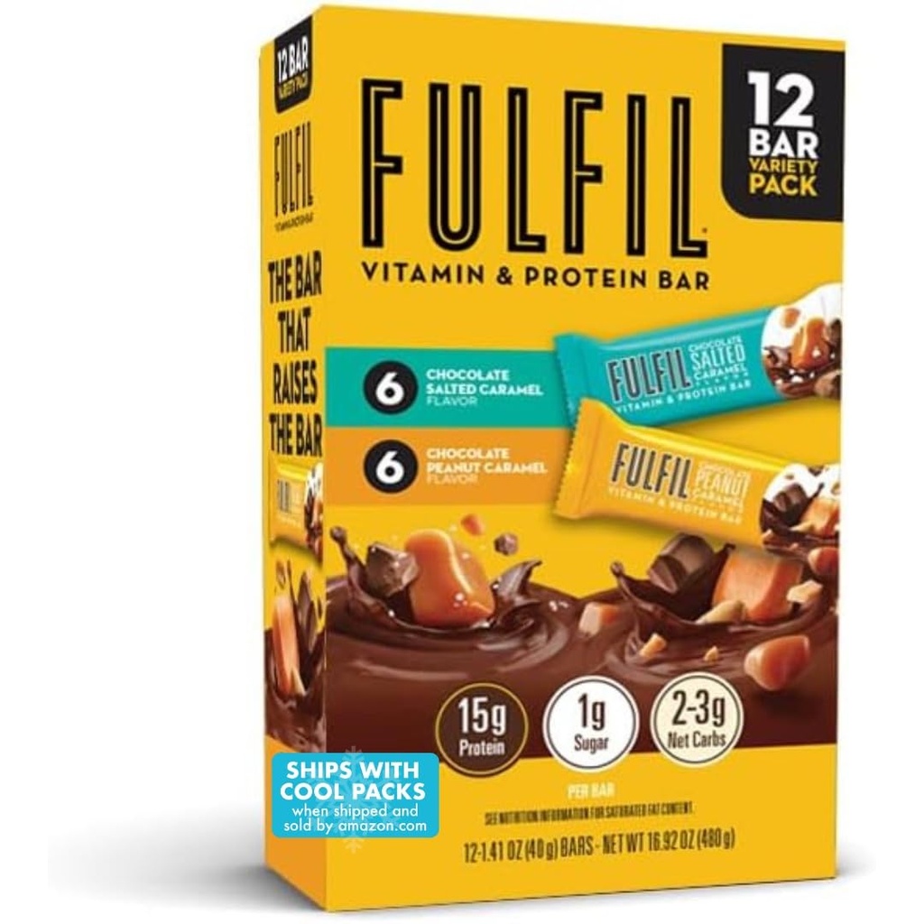 FULFIL Protein Snack Bars, 6 Czekoladowy Peanut i Karmel & 6 Czekolada Salted Karmel, 15 g Białko, spiżarnia Staples, 12 Hrabia