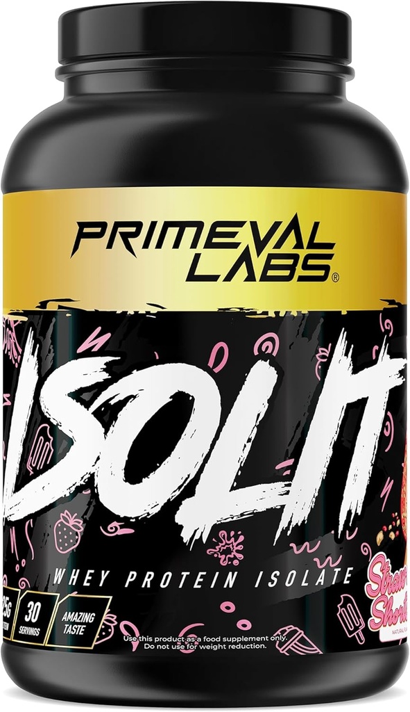 Primeval Labs ISOLIT - Proszek z białka serwatki, 100% Izolat serwatki, 25g białka, BCAA, Szybkie Absorbowanie, Łatwe trawienie (Truskawki, 2lb)