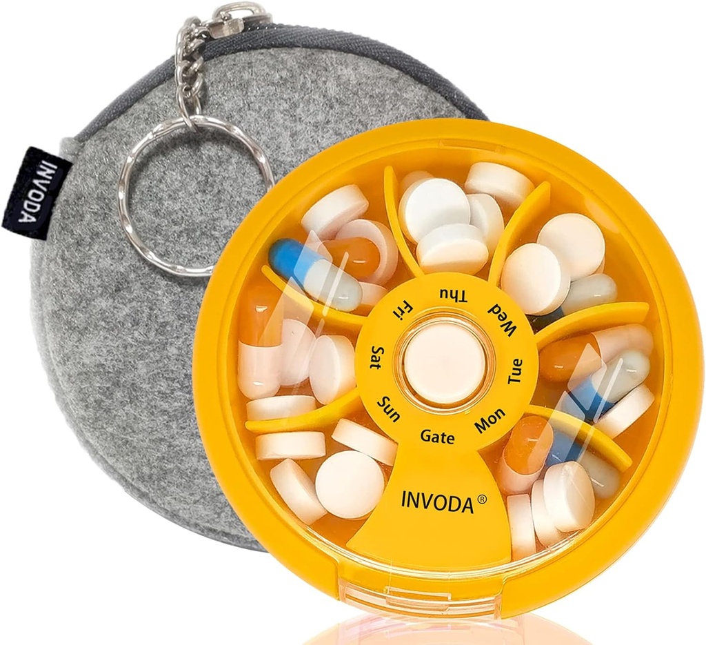 INVODA Cotygodniowy pill organizer 7 Przemieszczanie Rotating pill Box for Daily Medication & Vitamins - Przenośny piłeczka podróż Fish Supplements Vitamin Organizer (Orange + Bag)
