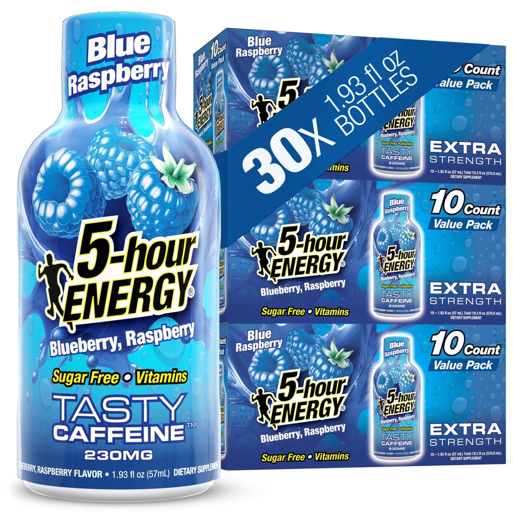 5-godzinne dodatkowe zastrzyki ENERGY, niebieski aromat malinowy, 30 Count, 1.93 Fl Oz, Cukier wolny, Zero Calories, Amino Acids i Esential B Vitamin, Suplement diety, Feel Alert i Energized, 230 mg kofeiny