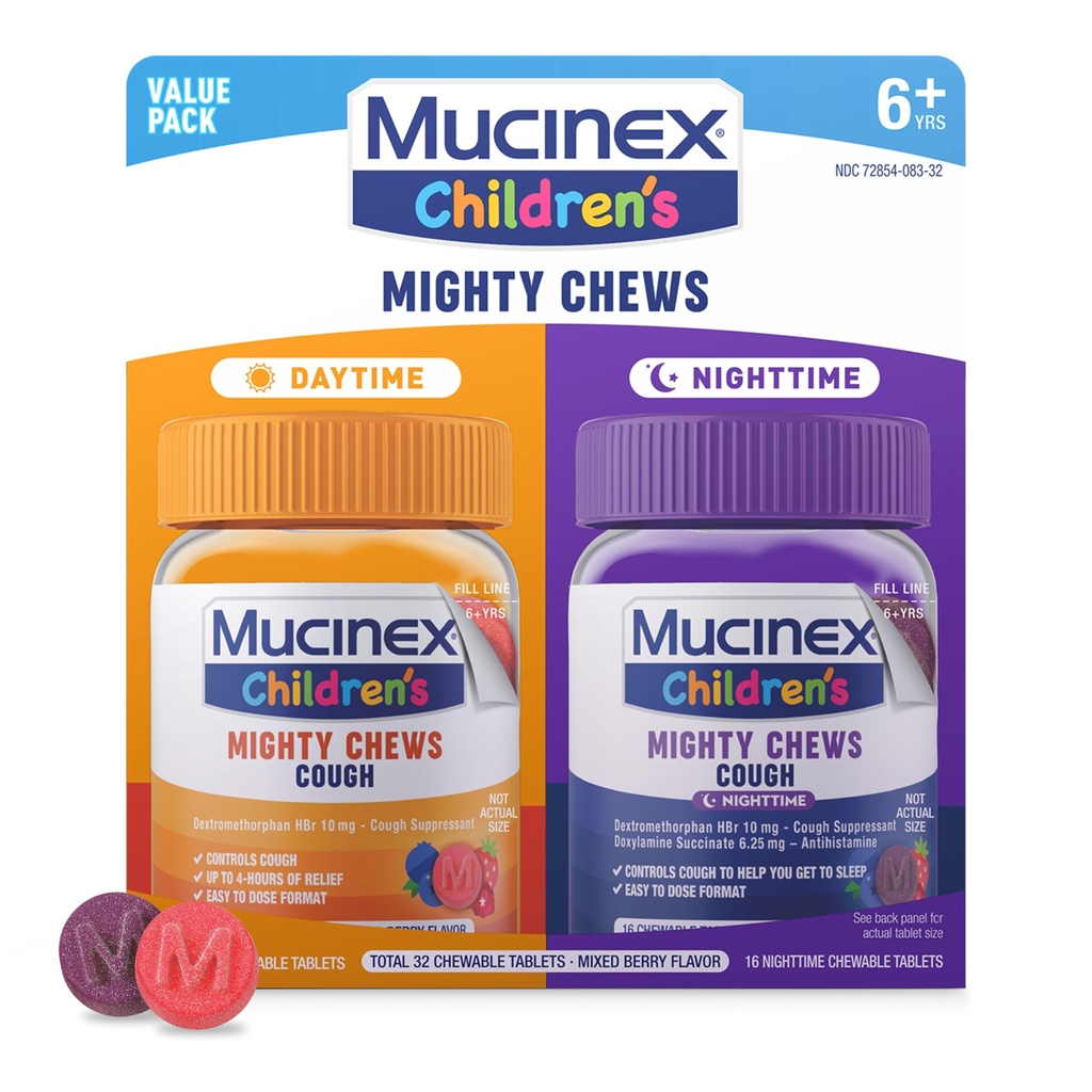 Mucinex Mighty żuć dzieci Cough Medicine Daytime i Nighttime Value Pack, Łatwy w dawce Cough Suppressant dla dzieci z Dextromethorphan, Mieszany aromat Berry, 32 Tabletki do żucia
