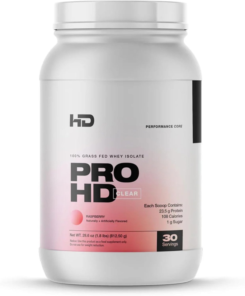 HD MUSCLE ProHD Przezroczysty proszek z białka serwatki 124; 100% Ser serwatka serwatka izolacja 124; 23.5g Białko 124; Niski cukier, Gluten wolny, Łatwy do przetrawienia 124; 30 Słupki (Malina)